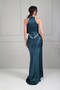 Women's Halter Neck Lined Long Satin Dress with Stone Detail - 4