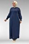 66004 Large Size Pleated Detailed Linen Robe - Navy Blue - 4