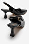 Women's Double Buckle Pointed Heeled Shoes; Black Wrinkled - 4