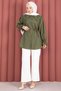 Tunic with Embroidery Detail on the Collar and Lace-Up Waist in Khaki