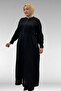 66004 Large Size Pleated Detailed Linen Robe - Black - 4