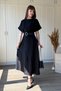 Belted, Draped Bust, Slit Midi Elegant Black Dress - 8