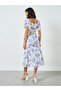Blue Floral Sheath Midi Dress with Frill Sleeve - 6