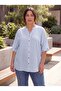 Cufflink Detailed Linen Blend Women's Plus Size Shirt Blue