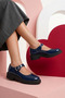 Navy Blue Patent Leather Genuine Leather Women's Strappy Mary Jane Loafer Shoes Real Leather Women's Mary Jane - 6