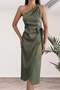 Belted Satin Women's Evening Dress with Knot Detail on the Shoulder 003 - 5