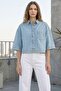 Women's Light Blue Cropped Denim Shirt Oversized Loose Cut Short Sleeve Buttoned Jean Shirt