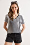 Women's Black V-Neck Striped Basic Flowy T-Shirt Tsh-19000983 - 5