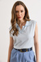 Women's Baby Blue Polo Collar Viscose Content Flowy Knitwear Blouse Blz-19003249 - 4