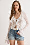 Women's White Lace-Up Detailed Boho Lace Blouse Blz-19003228 - 2