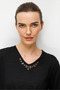 Women's V-Neck Collar Embroidered Combed Cotton T-Shirt Black - 2