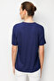 Women's V-Neck Collar Embroidered Combed Cotton T-Shirt Navy Blue - 5
