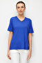 Women's V-Neck Collar Embroidered Combed Cotton T-Shirt Cobalt Blue - 6