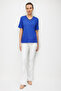 Women's V-Neck Collar Embroidered Combed Cotton T-Shirt Cobalt Blue - 7