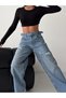 Women's Wide Leg Jeans with Slit Detail and Stone Belt