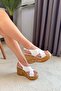 Women's Forge White 10 cm Padded Written Cork Sole Shoes & Sandals - 7
