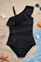 Black Girls' One-Shoulder Swimsuit Ruffled Asymmetrical One-Piece Swimsuit