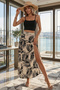 Women's Tropical Palm Print Deep Slit Maxi Skirt and Stretchy Strap Crop Top 2 Piece Set 3007