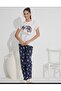 To Wake up Printed White Short Sleeve Top, Navy Blue Pants Long Pajama Set