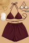 Women's 3-Piece Set: Burgundy Shorts and Side-Tie Bikini Swimsuit Set - 2
