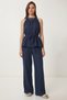 Tie-Detail Blouse Trousers Linen Set Lby0052 Dark Blue