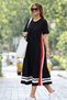 Women's Crew Neck Short Sleeve Midi Length Viscose Dress with Side Stripe Detail