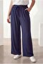 Elastic Waist Wide Leg Plus Size Women's Trousers Navy Blue