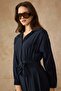 Drawstring Waist Button Closure Modal Dress Dark Blue 9452-E - 7