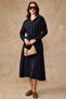 Drawstring Waist Button Closure Modal Dress Dark Blue 9452-E - 4