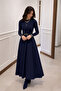 Women's Crew Neck Belted Long Dress - 5