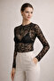 Women's Slim Fit Transparent Lace Patterned Tulle Blouse Black - 2