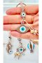 Beige Oval Eye Patterned Silver Evil Eye Keychain - 4