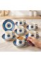 Nazar Boncuğu Patterned Gold Detailed Corner Handle Porcelain Coffee Cup Set for 6 People