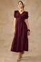 Drape Detailed Watermelon Sleeve Cotton Dress Bordo 9457-E - 3