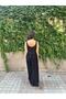 Thick Strap Skirt, Gathered Combed Cotton Black Dress - 4