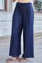 Women's Lycra-Free Linen-Look High-Waisted Wide-Leg Trousers with Side Pockets and Lace-Up Waist - Navy Blue - 3