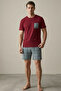 Burgundy Green Plaid Patterned Pocket Embroidery Knitted Shorts Pajama Set 7999 - 2