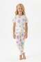Colorful Floral Patterned Short Sleeve Girls' Pajama Set - 100% Cotton White Set - 2