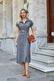 Women's Twill Modal Collared Off-Shoulder Double Sleeve Midi Length Below the Knee Dress (Leather Belt Included)-Anthracite