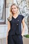 Women's Linen Look Double Breasted Wrap Off-Shoulder Vest Blouse-Black - 2