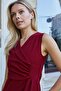 Double-Breasted Wrap Front Gathered Shawl Collar Sleeveless Lycra Crepe Fabric Dress-Burgundy - 5