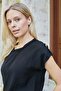 Women's Wide Crew Neck Collar Blouse with Knitted Accessories and Shoulder Epaulettes - Black - 5