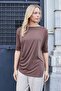 Women's Lycra Silky Textured Modal Combed Cotton Boat Neck Above Elbow Pleated Asymmetrical Blouse-Coffee