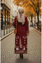 Patterned Belted Viscose Hijab Dress with Elastic Sleeves 2207-02 Claret Red - 5