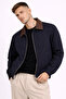 Men's Navy Blue Gabardine Jacket Oversized with Elastic Waist and Brown Collar Detail - 4