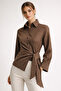 Women's Brown Striped Side-Tie Slim Fit Shirt
