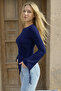 Navy Blue Draped Detailed Round Neck Spanish Sleeve Hijab Compatible Top Blouse