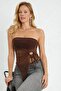 Brown Strapless Tulle Detailed Gathered Crop Blouse - 2