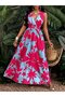 Women's Strappy Double Breasted Collared Floral Patterned Long Single Jersey Dress - 4