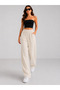 Ecru 100% Linen High Waist Elastic Wide Leg Women's Trousers - 3